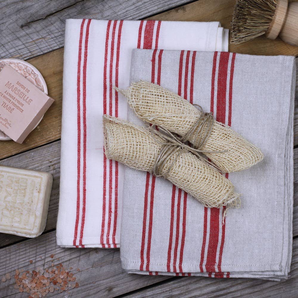 Red & White Stripe Linen Hand Towel