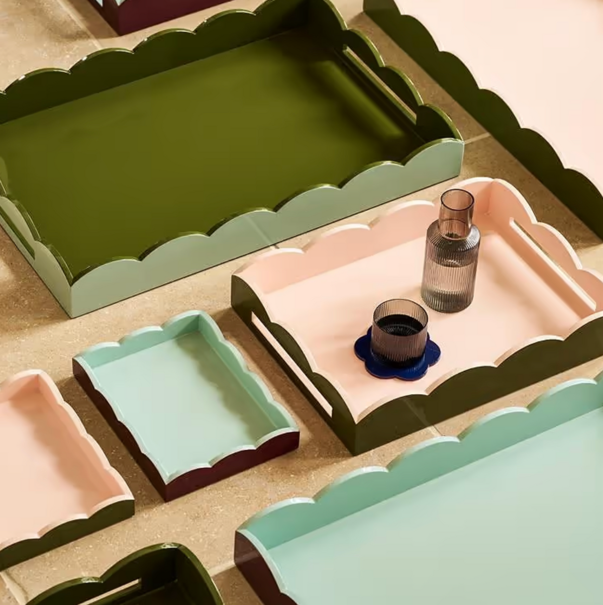 Scalloped Khaki & Pink Lacquer Tray