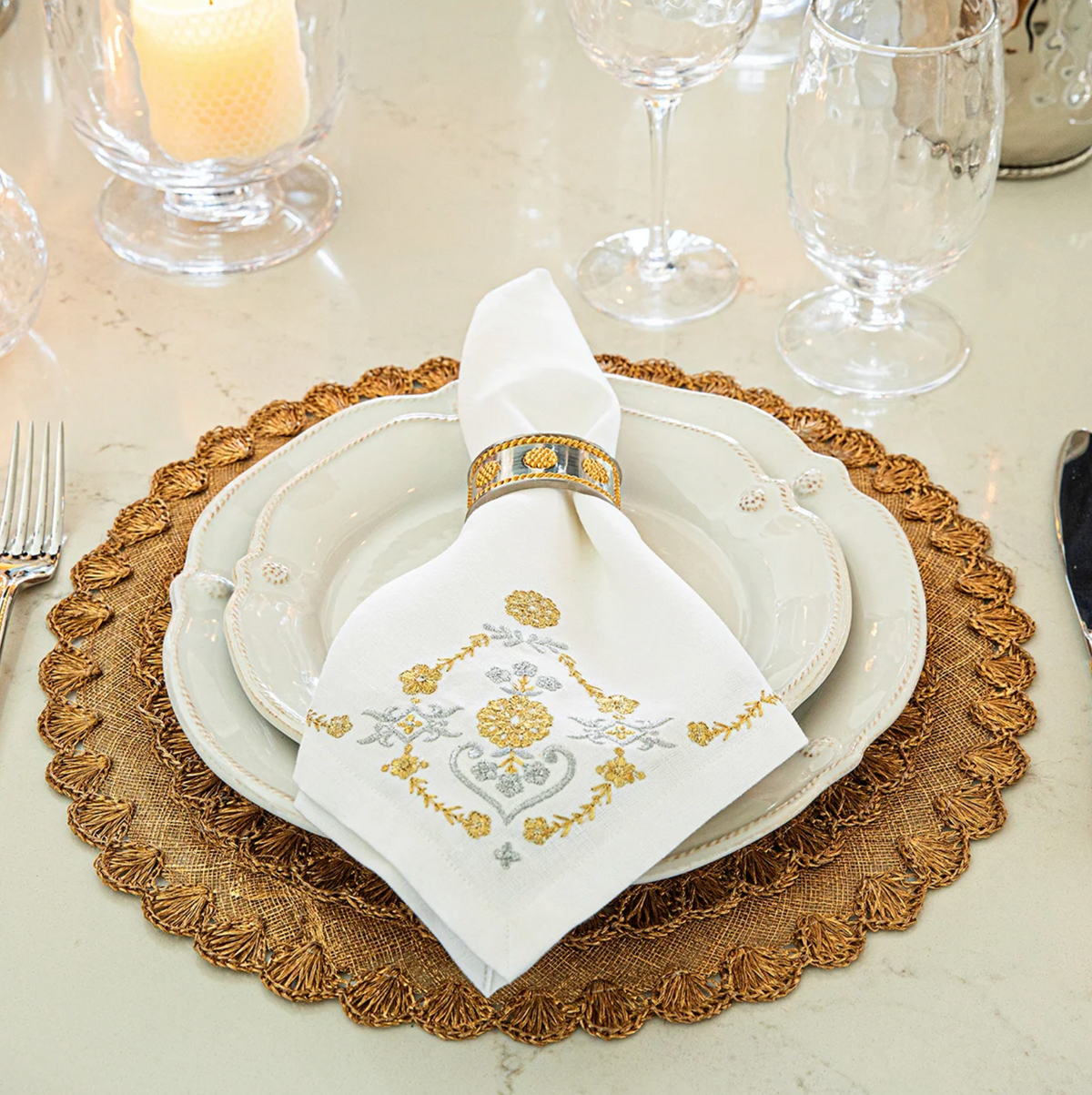 Heidi Embroidered Gold & Silver Napkins S/4