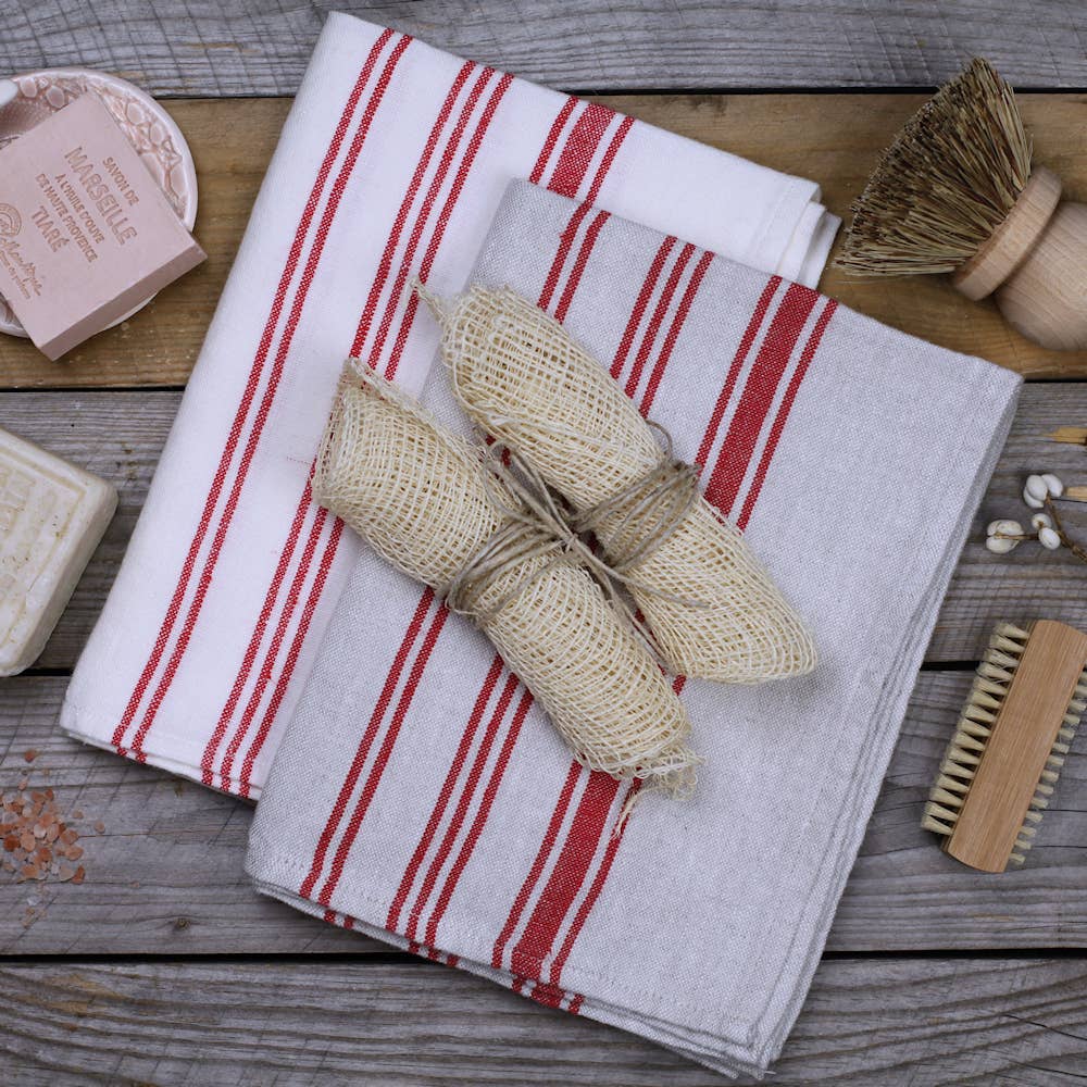 Red & White Stripe Linen Hand Towel