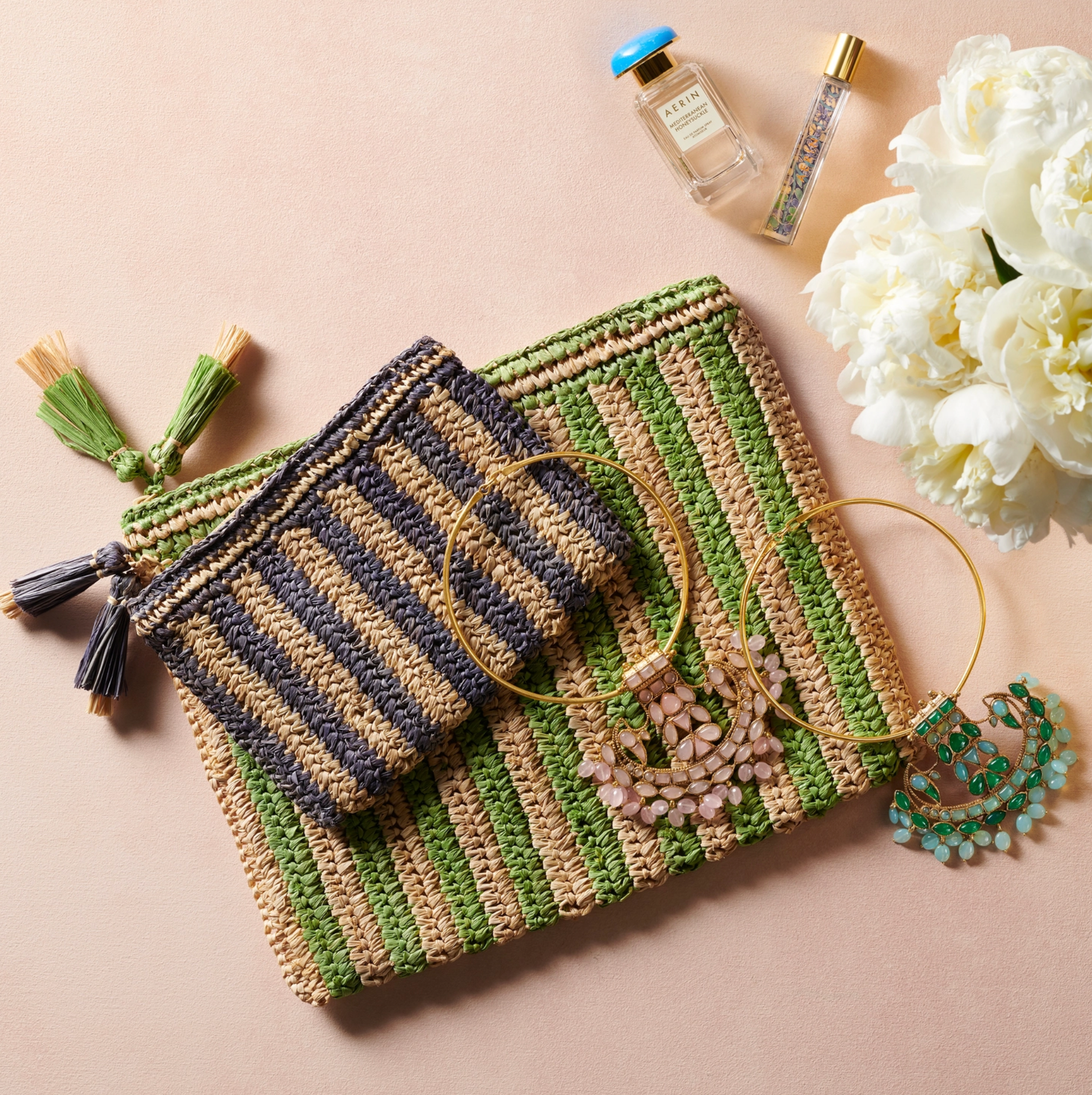 Large Striped Raffia Zip Pouch
