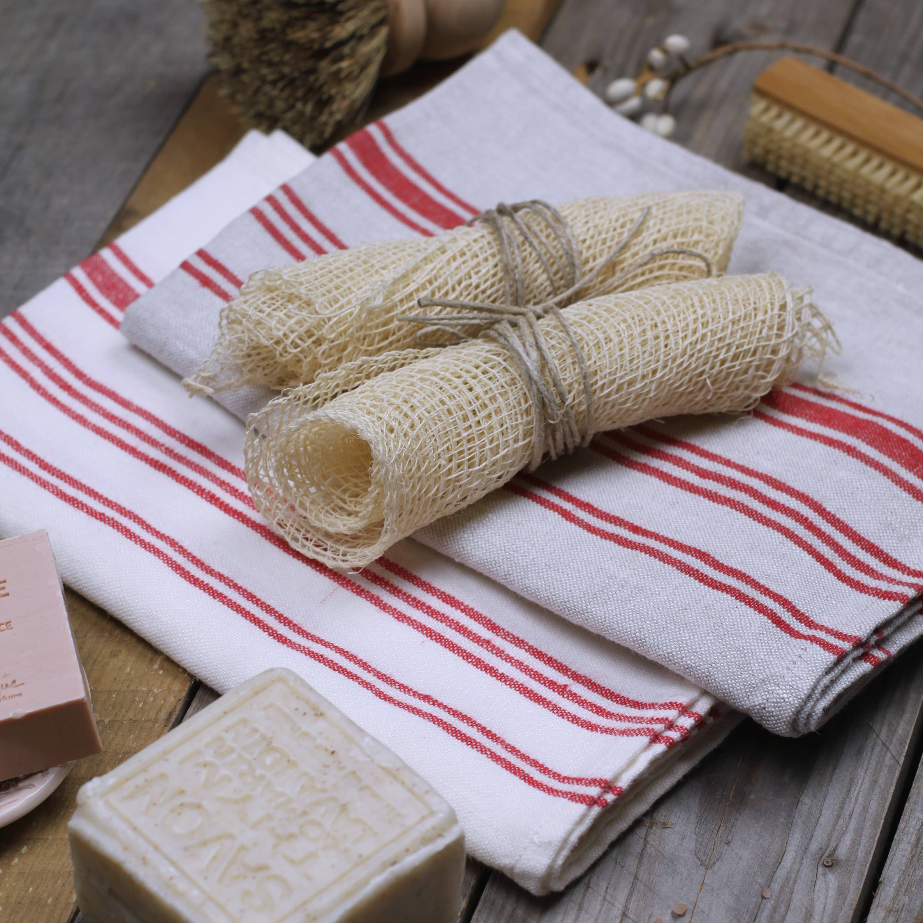 Red & White Stripe Linen Hand Towel